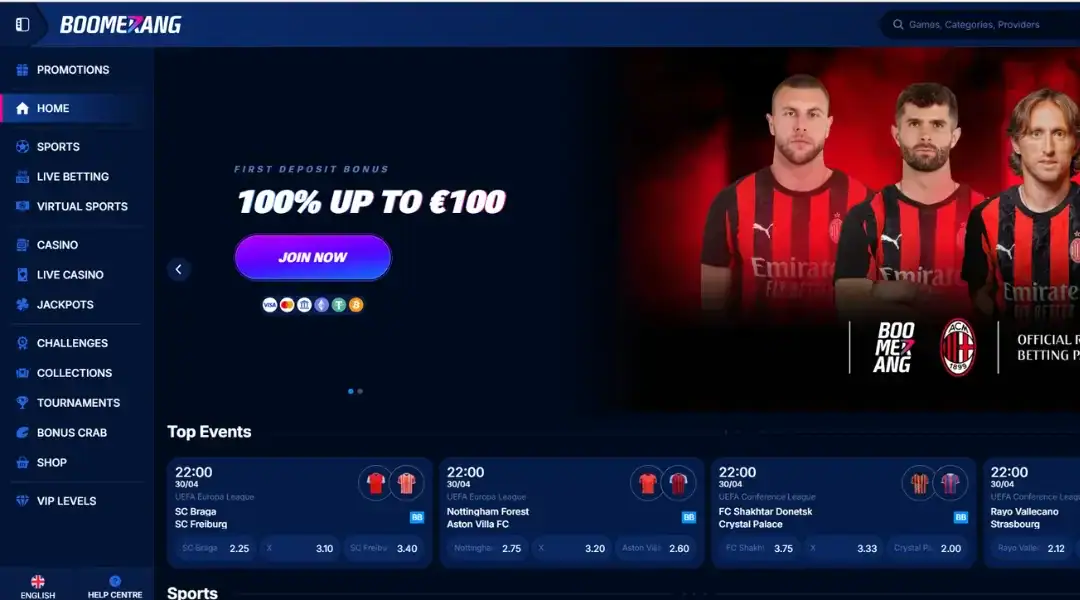 The homepage of boomerang bet casino shown in a screenshot.