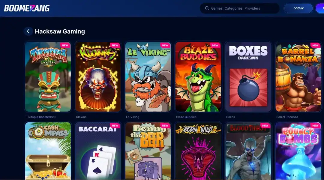 Boomerang casino website showcasing Hacksaw Gaming titles like Klowns and Le Viking.