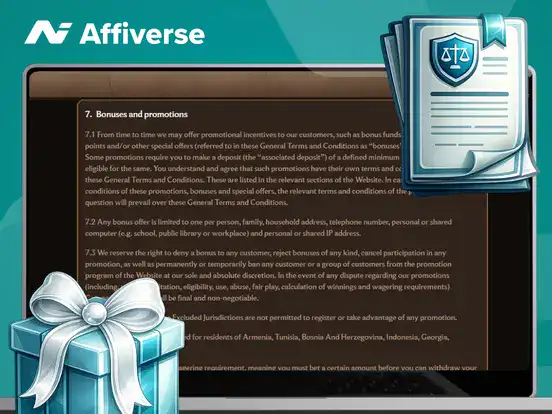 Laptop screen showing bonus terms and conditions with a gift box and legal document icons.