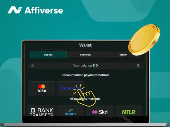Laptop screen showing a digital wallet with CashtoCode selected as the payment method.