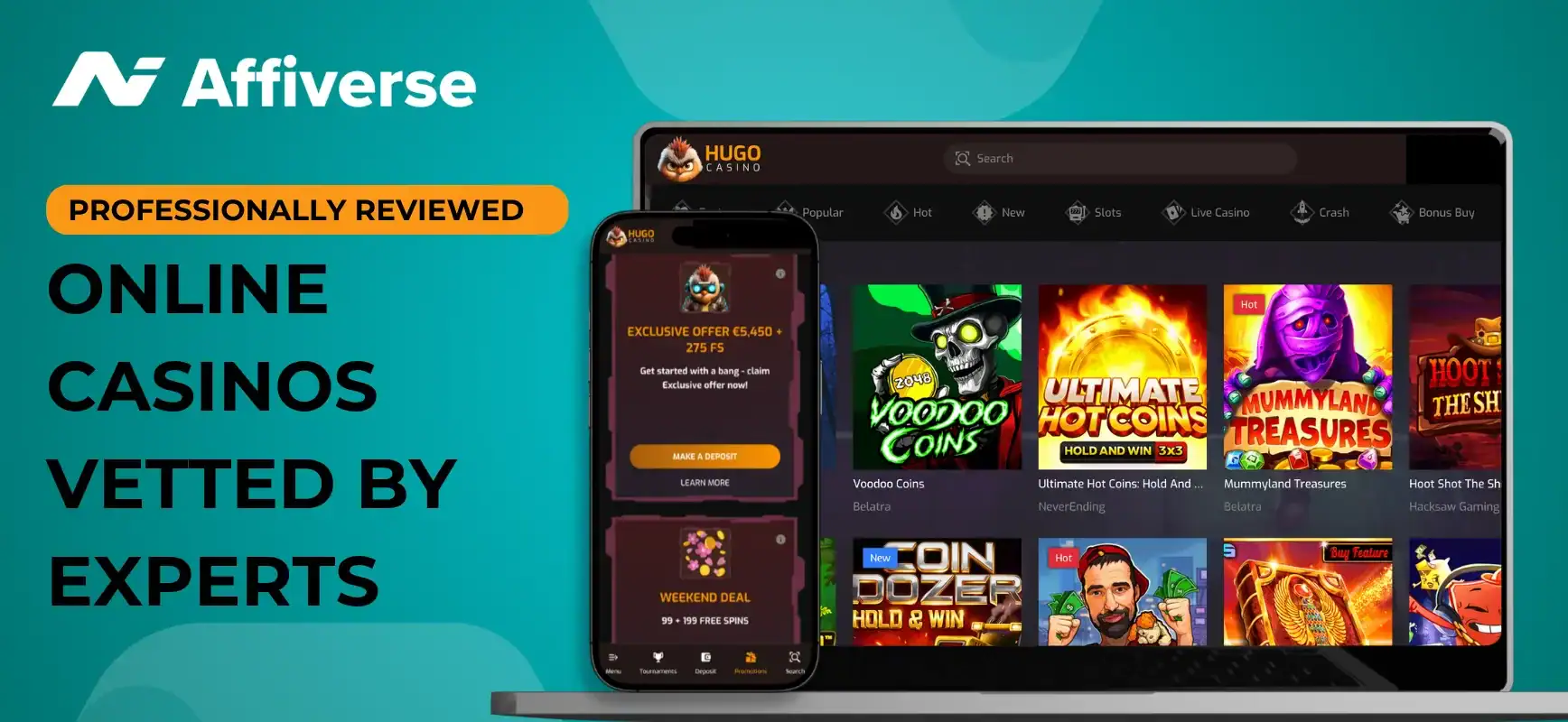 Banner for Affiverse featuring the text Professionally Reviewed Online Casinos Vetted by Experts.