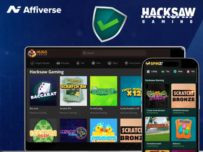 Laptop and smartphone showing a casino game lobby with blue glowing dice in the foreground.