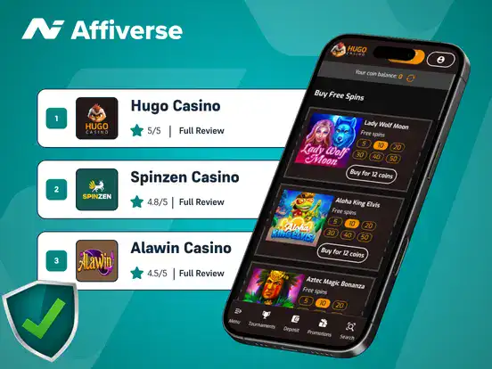 A mobile phone showing casino games next to a ranked list of casinos and a green shield icon.