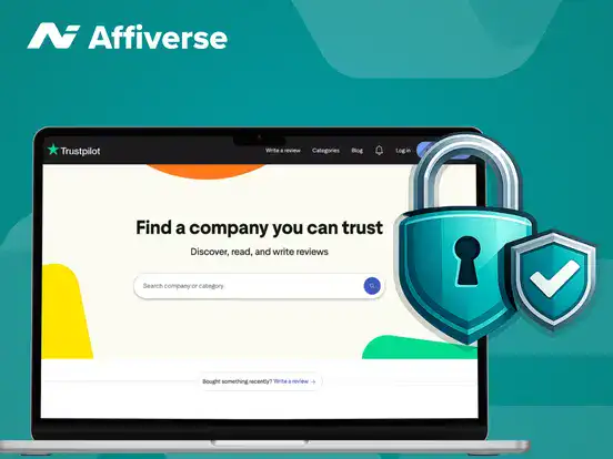 Laptop displaying the Trustpilot website alongside a blue security lock and shield.