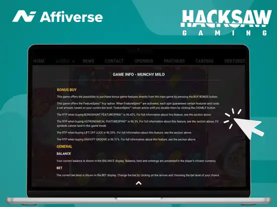 Laptop showing slot game RTP statistics for a Hacksaw slot.