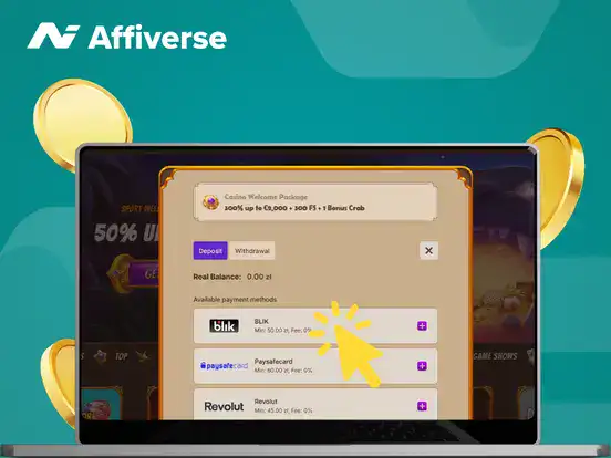 Laptop screen showing a casino deposit menu with a yellow cursor clicking on the BLIK payment option.