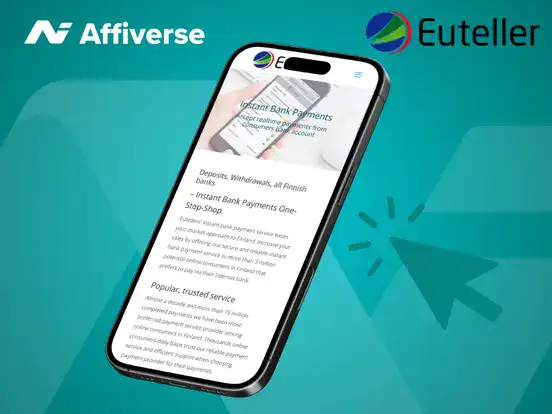Smartphone showing the Euteller website with a teal cursor arrow pointing toward the screen.