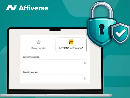 Laptop screen showing an Interac e-Transfer security question form with a large padlock icon.