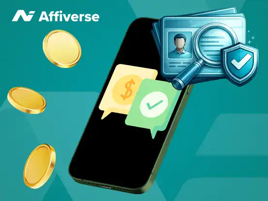 Mobile phone with confirmation bubbles next to a KYC ID verification and shield icon.