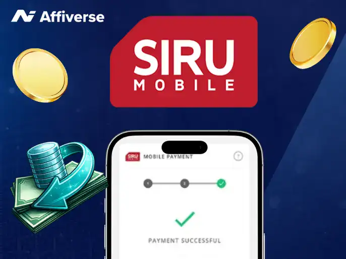 Mobile phone screen showing Payment Successful under the Siru Mobile logo with 3D cash icons.