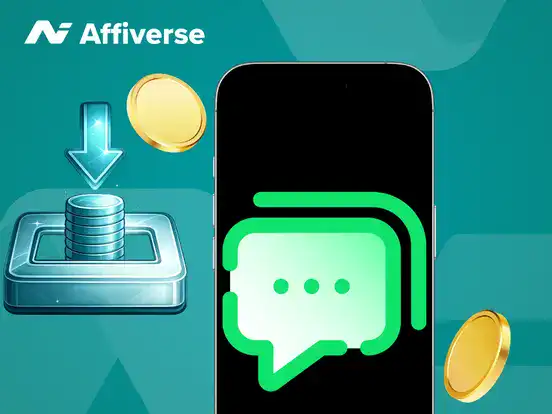 Mobile phone showing a chat icon next to a 3D graphic of coins being deposited into a slot.