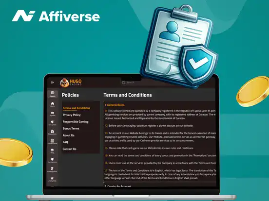 Laptop displaying Hugo Casino terms and conditions next to a secure document icon.