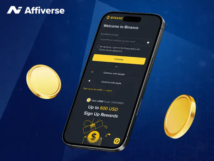 An iPhone showing a Binance sign-up page with gold coins on a blue background.