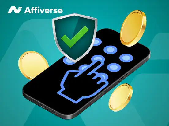 Smartphone with a PIN entry screen, a green checkmark security shield, and floating gold coins.