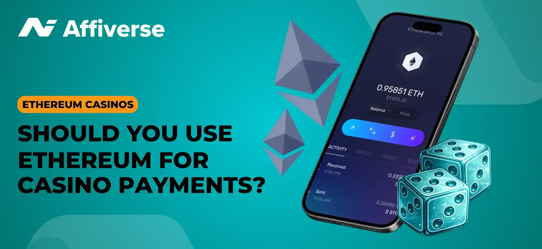 Affiverse banner asking Should you use Ethereum for casino payments? with a phone and blue dice.