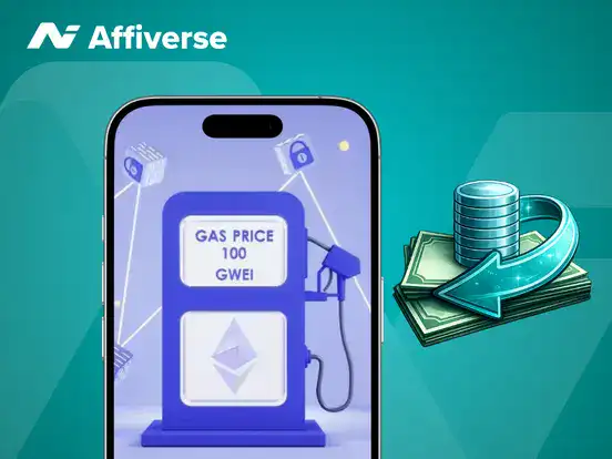 Affiverse graphic of an Ethereum coin on a smartphone screen, featuring a green upward-moving graph.