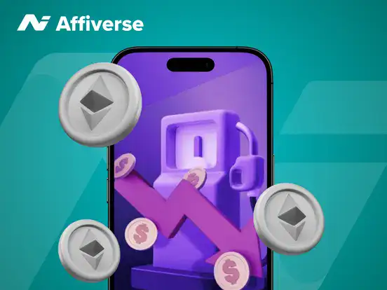 A phone displaying an Ethereum gas pump and downward trend arrow, surrounded by ETH coins.