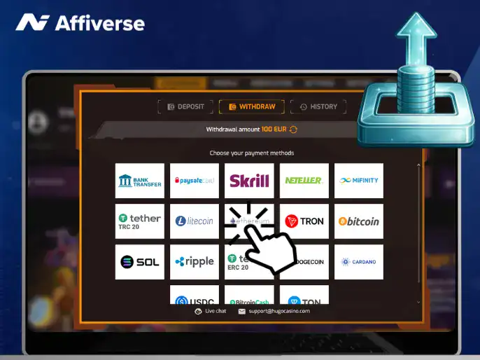 Affiverse graphic showing a withdrawal screen with various crypto and e-wallet payment options.
