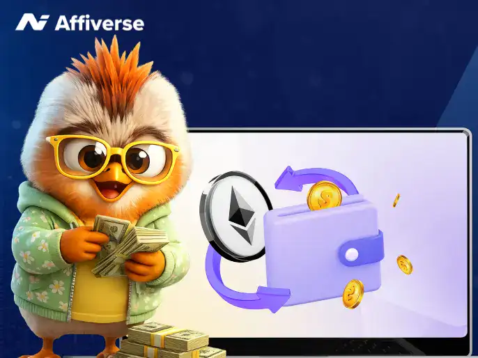 Affiverse graphic featuring a bird character with cash and an Ethereum wallet icon on a laptop screen.