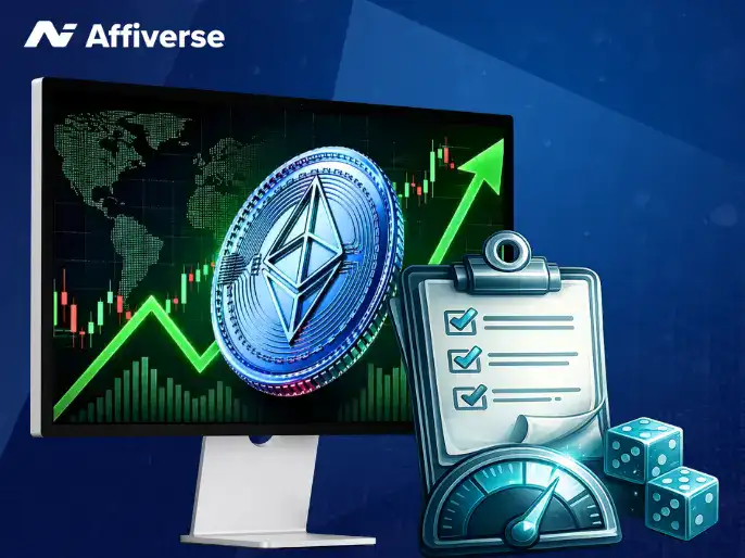 Affiverse graphic with an Ethereum coin on a monitor next to a checklist, gauge, and blue dice.