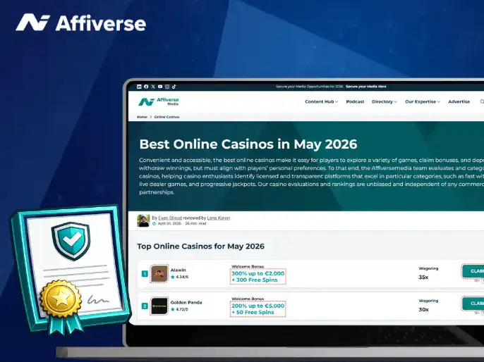 Affiverse website on a laptop listing the best online casinos for May 2026 with a gold seal.