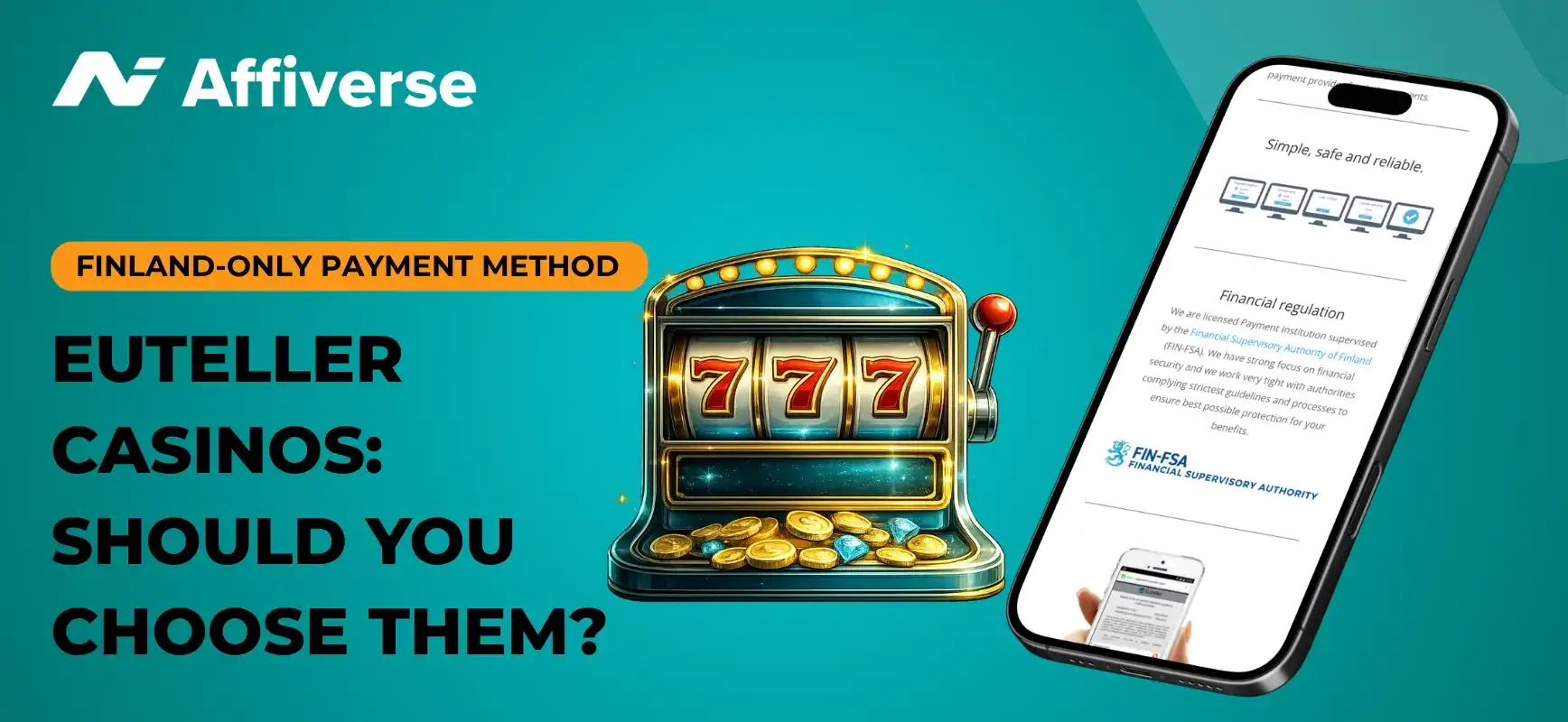 Smartphone showing the Euteller logo next to a stack of coins and a large blue glowing coin.