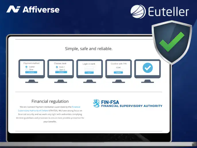 Smartphone showing the Euteller payment interface with a teal cursor arrow.