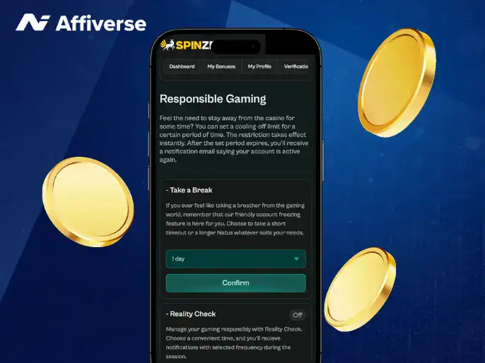 A smartphone screen displays responsible gaming controls and a timeout option amid floating coins.