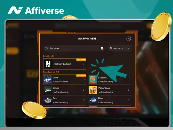 Laptop displaying Hacksaw Gaming slots with a teal cursor arrow pointing at the screen.