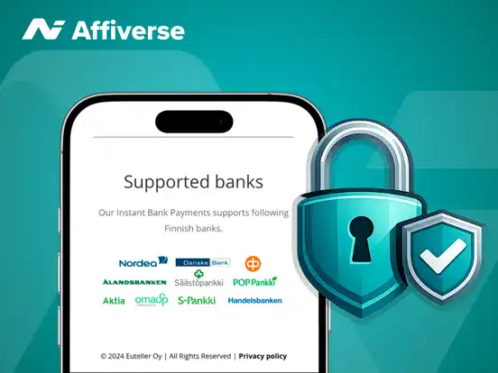 Smartphone displaying a list of supported Finnish banks next to a blue security lock and shield.