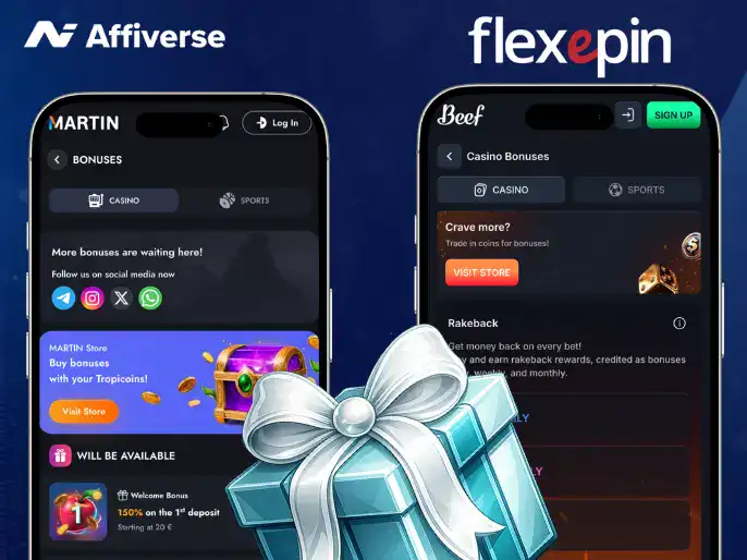 Martin and Beef Casino bonus screens with a gift box in front