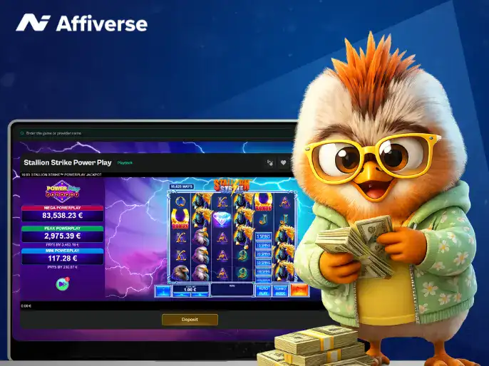 Laptop screen displaying an online casino slot game interface with lightning-themed graphics, colorful reels, and bonus features, alongside a cheerful mascot holding stacks of cash, representing secure and rewarding iGaming experience.