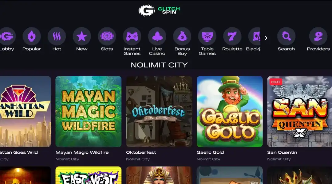 GlitchSpin website interface displaying various Nolimit City slot game thumbnails.