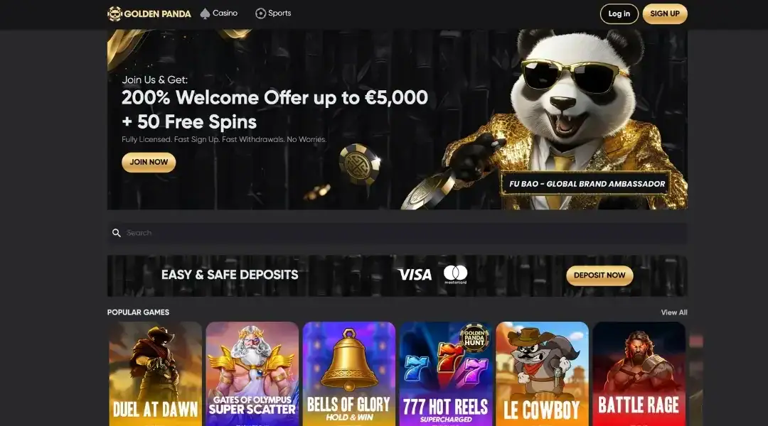 Golden Panda Casino homepage screenshot displaying game lobby and bonus selection.