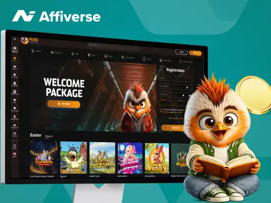 Online casino homepage on desktop with welcome bonus and mascot reading a book
