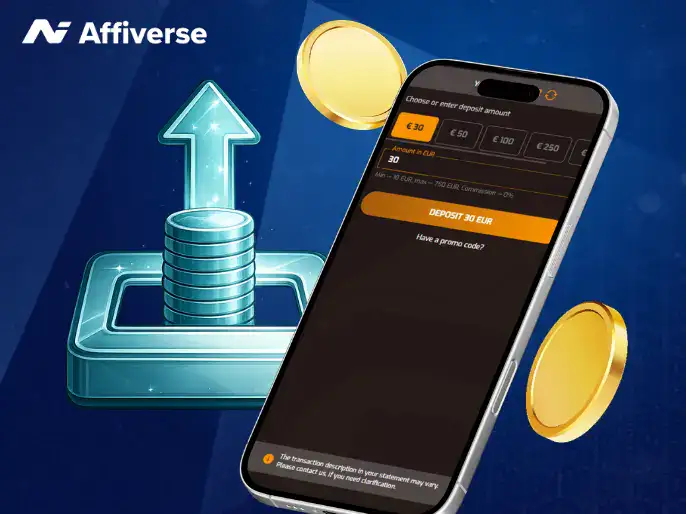 Casino app deposit screen with £30 amount and upward arrow graphic