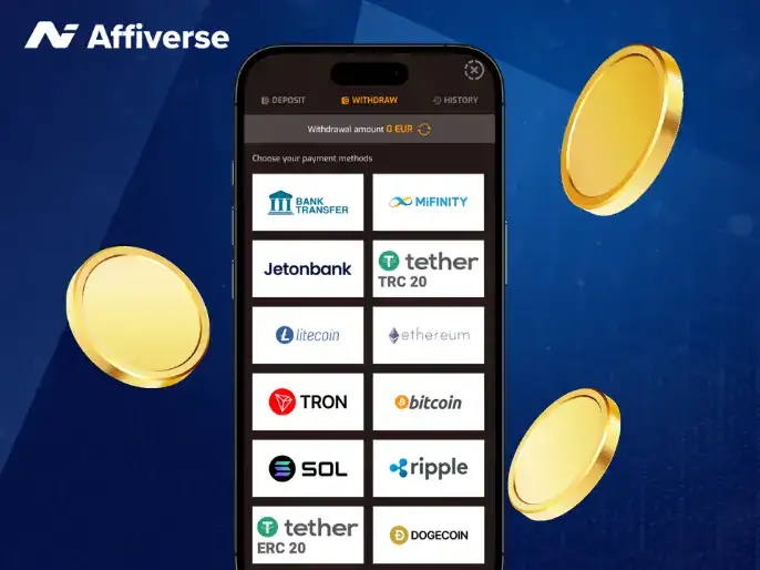 Casino withdrawal screen showing bank transfer and crypto payment options