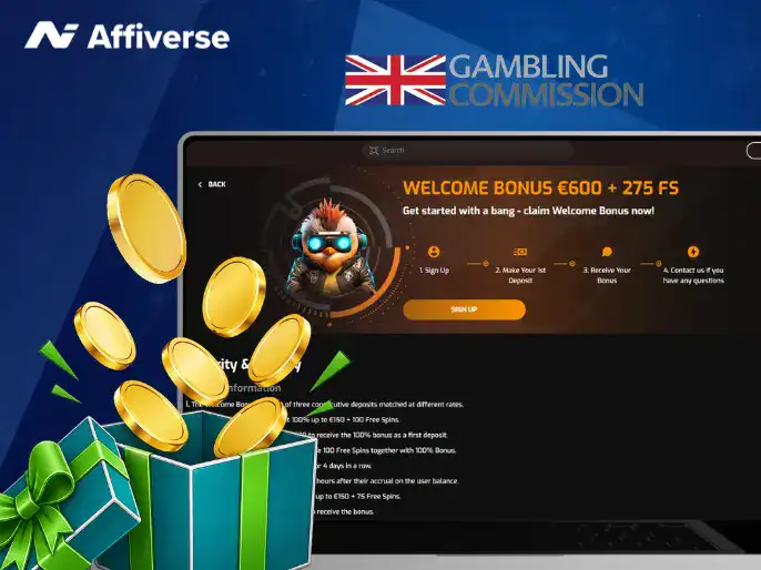 UK Gambling Commission banner with casino welcome bonus and free spins offer