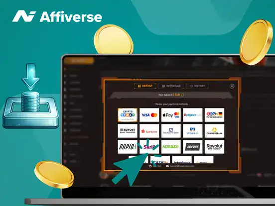 A casino deposit screen with a Neteller payment option selected on a laptop and phone.