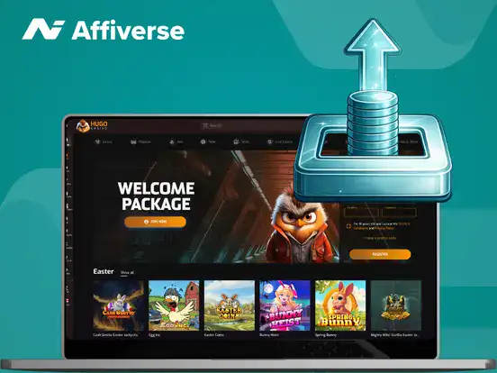 Casino welcome page with coin deposit icon and upward arrow