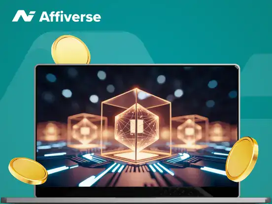 A laptop showing a glowing blockchain graphic with floating Tether and gold coins.