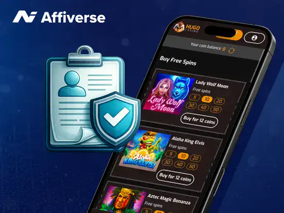 Mobile casino screen with free spins and account verification icons