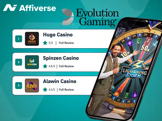 Evolution Gaming casinos alongside a Lightning Storm mobile game screen