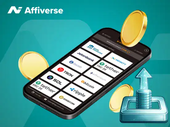 A smartphone displays various crypto and bank withdrawal methods with floating coins and cash.
