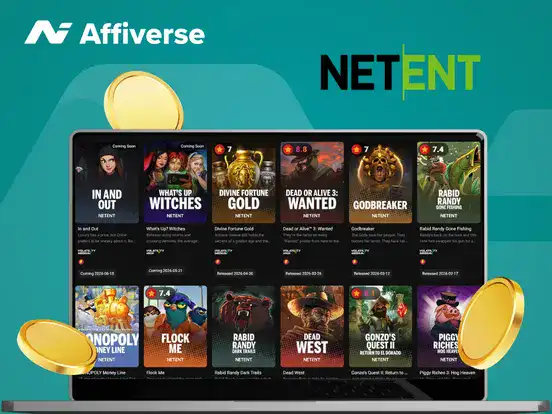 NetEnt slot games library displayed on a desktop screen with casino coins