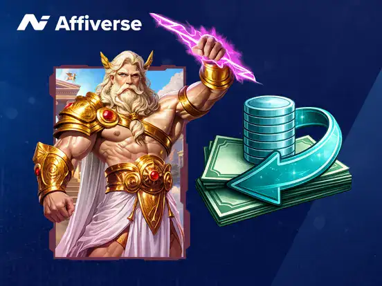 Zeus slot character with coins and cash symbolizing casino payouts