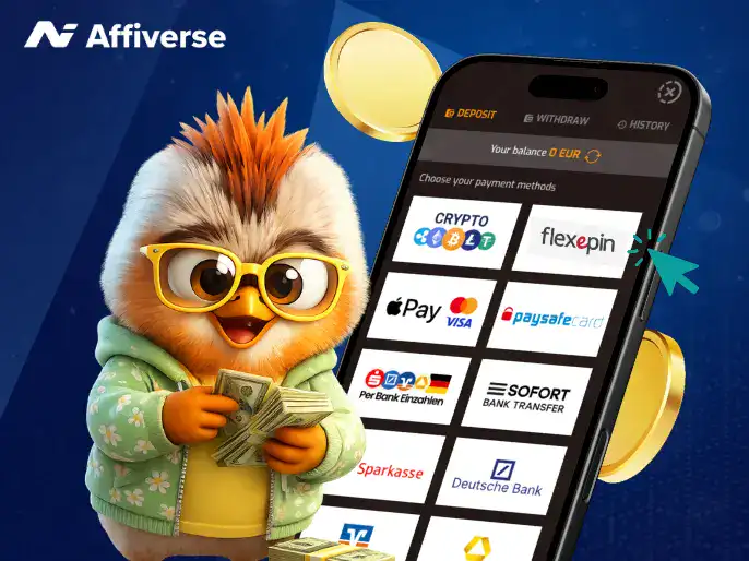 A mascot holds cash beside a casino payment screen highlighting Flexepin