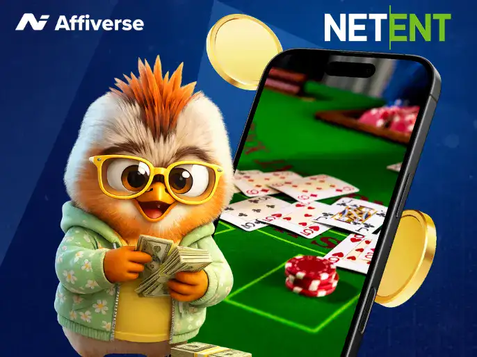 NetEnt live games on a mobile device with a mascot holding cash and casino chips