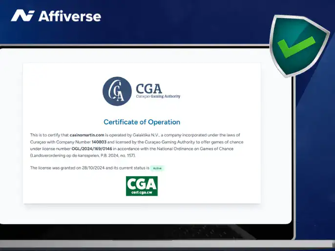 Curaçao Gaming Authority certificate of operation with an active licence status