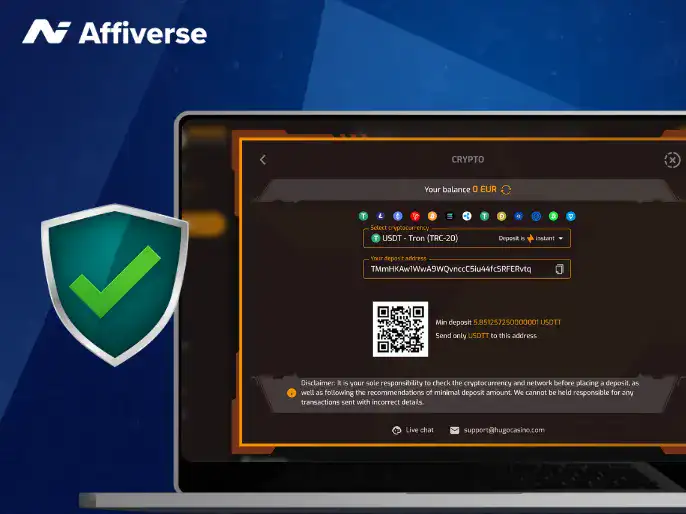 Laptop screen displaying a USDT crypto deposit interface with a Tether coin icon on the left.